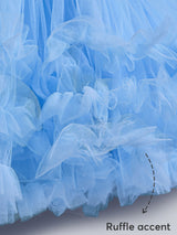 Girls Blue Floral Applique Ruffle Dress