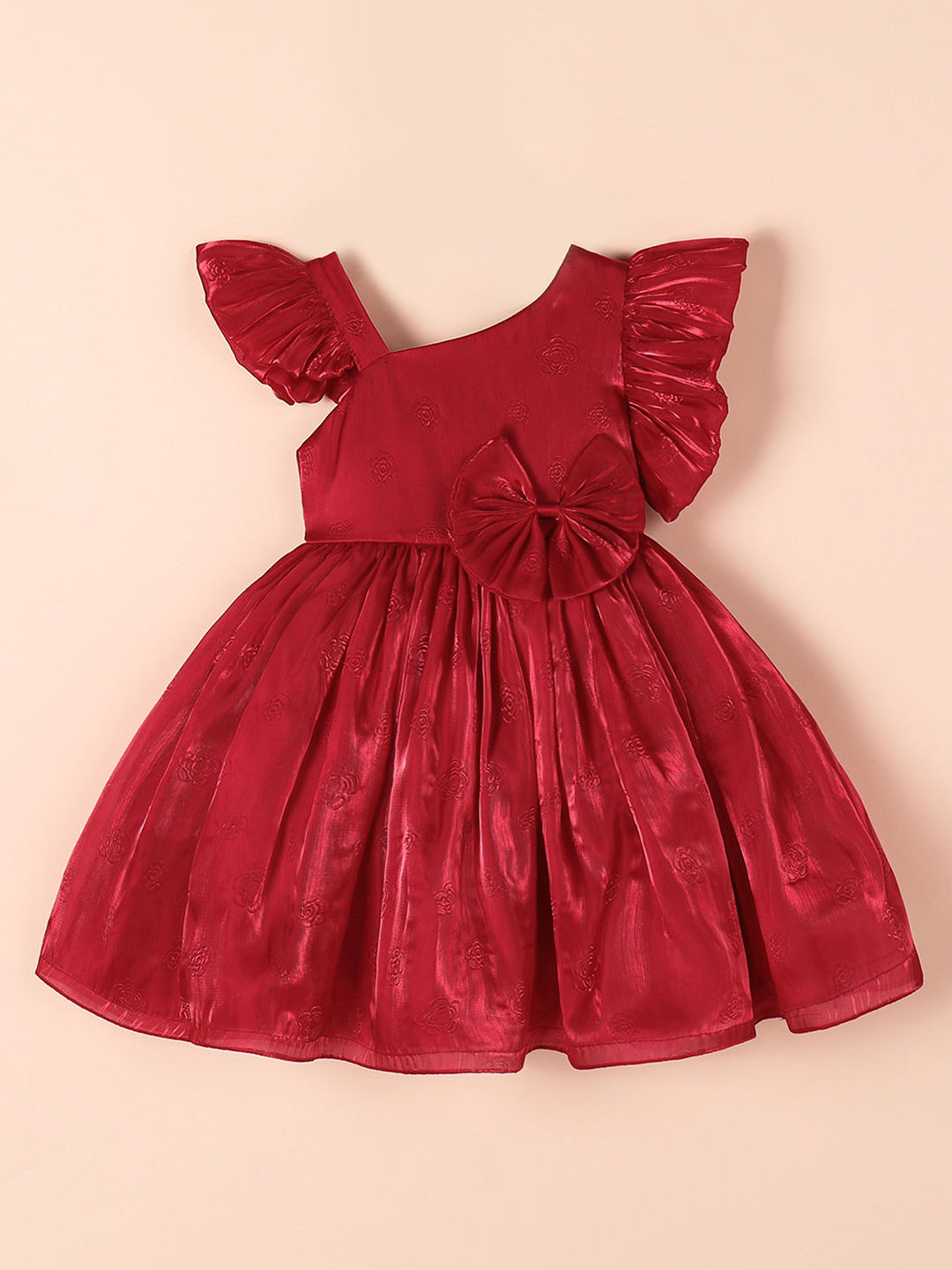 Girls Red Glossy Bow Detail Dress