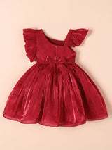 Girls Red Glossy Bow Detail Dress