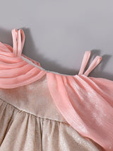 Girls Beige Bow-Wrapped Shimmer Shine Party Dress