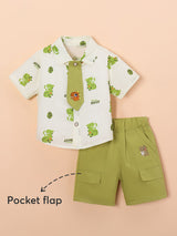 Boys White Dino Safari Tie Shirt and Shorts Set