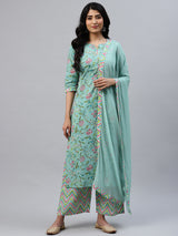 Women's Multicolor Cotton Printed Kurta and Multi Cotton Printed Palazzo with Green Chiffon Solid Dupatta