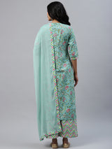 Women's Multicolor Cotton Printed Kurta and Multi Cotton Printed Palazzo with Green Chiffon Solid Dupatta