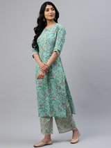 Women's Multicolor Cotton Printed Kurta and Multi Cotton Printed Palazzo with Green Chiffon Solid Dupatta