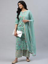 Women's Multicolor Cotton Printed Kurta and Multi Cotton Printed Palazzo with Green Chiffon Solid Dupatta