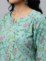 Women's Multicolor Cotton Printed Kurta and Multi Cotton Printed Palazzo with Green Chiffon Solid Dupatta