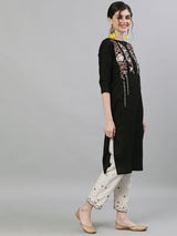 Women's Black Off-White Embroidered Kurta with Trousers