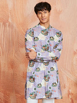 Men's Purple Cotton Floral Printed Kurta