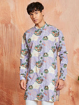 Men's Purple Cotton Floral Printed Kurta