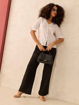 Women's White Front Buttoned Top with Ruffle Detail On Sleeve