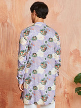 Men's Purple Cotton Floral Printed Kurta
