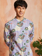 Men's Purple Cotton Floral Printed Kurta