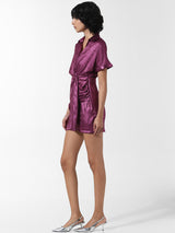 Women's Purple Woven Party Solid Above Knee Half Sleeves Dress