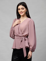 Women's Casual Puff Sleeves Solid Pink Top