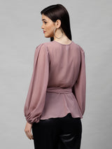 Women's Casual Puff Sleeves Solid Pink Top