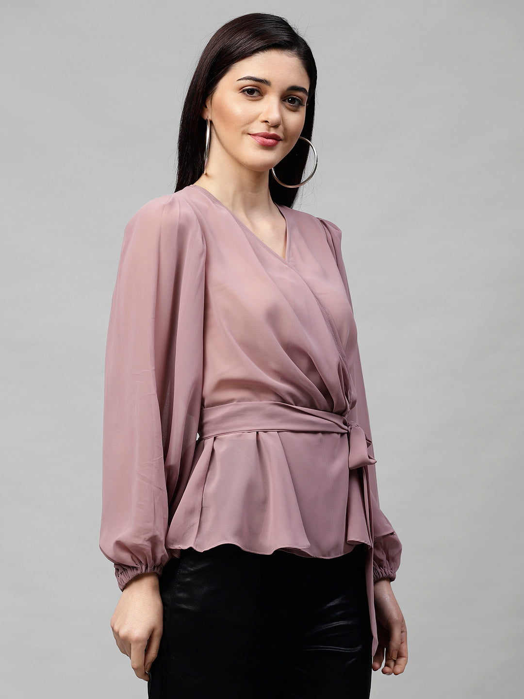 Women's Casual Puff Sleeves Solid Pink Top