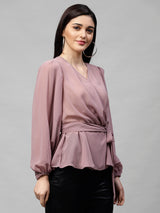 Women's Casual Puff Sleeves Solid Pink Top