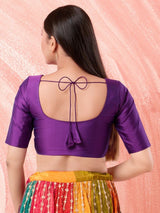 Women's Purple Brocade Padded Front Open Elbow Sleeves Saree Blouse