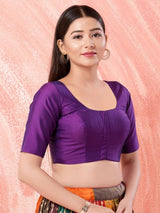 Women's Purple Brocade Padded Front Open Elbow Sleeves Saree Blouse