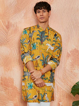 Men's Yellow Cotton Tropical & Animal Printed Kurta