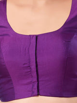Women's Purple Brocade Padded Front Open Elbow Sleeves Saree Blouse