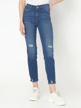 Women's Blue High Rise Distressed Cropped Jeans