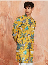 Men's Yellow Cotton Tropical & Animal Printed Kurta