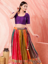 Women's Purple Brocade Padded Front Open Elbow Sleeves Saree Blouse