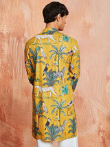 Men's Yellow Cotton Tropical & Animal Printed Kurta
