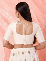 Women's White Brocade Padded Front Open Elbow Sleeves Saree Blouse