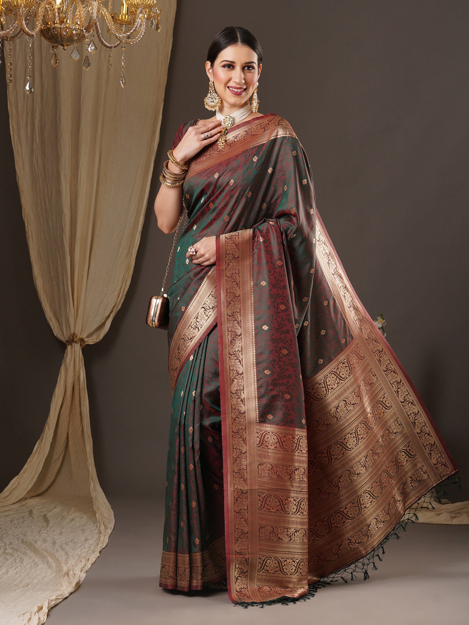 Women's Silk Blend Brown Woven Design Designer Saree with Blouse Piece
