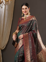 Women's Silk Blend Brown Woven Design Designer Saree with Blouse Piece