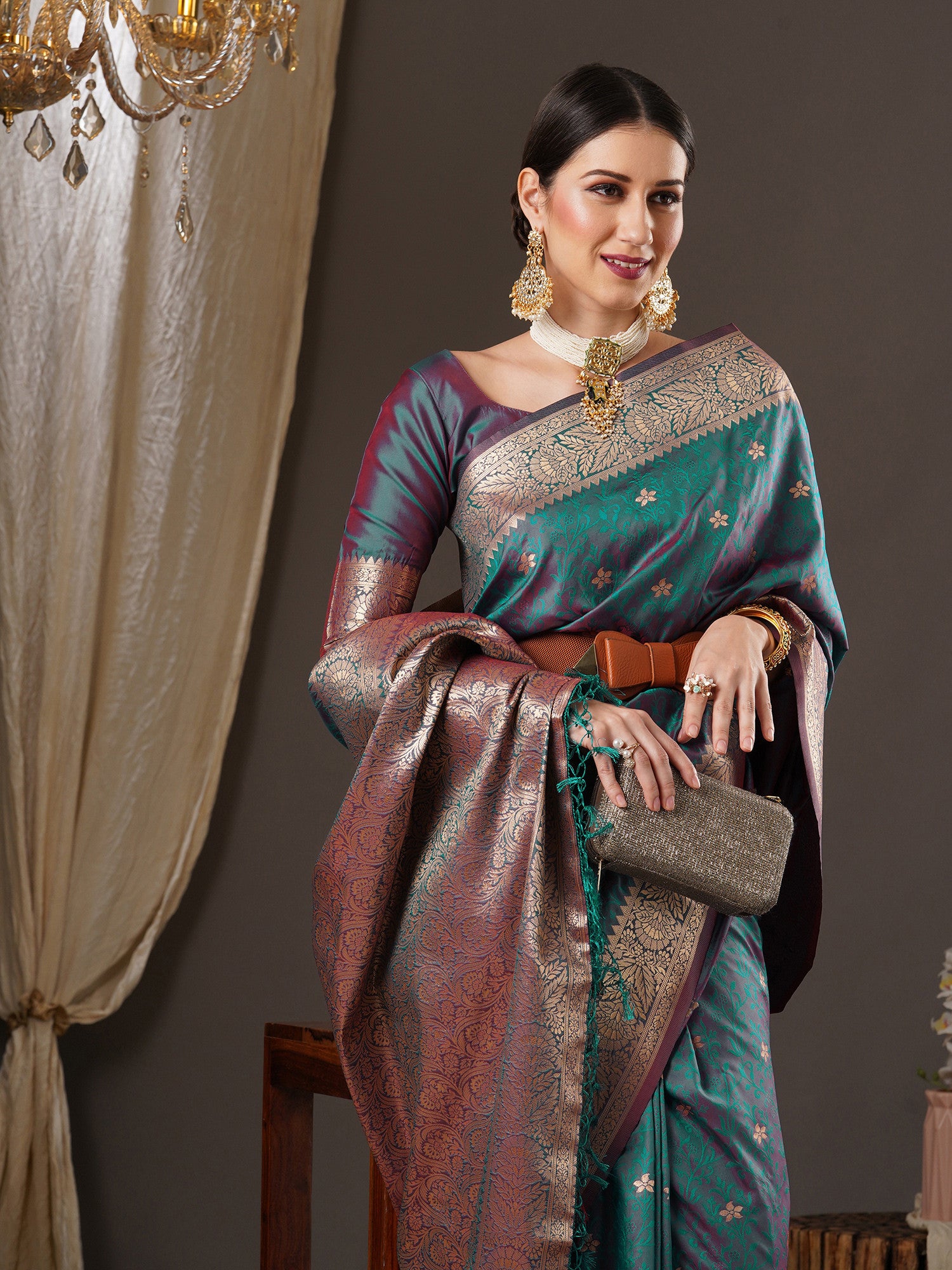 Women's Silk Blend Blue Woven Design Designer Saree with Blouse Piece