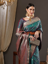 Women's Silk Blend Blue Woven Design Designer Saree with Blouse Piece