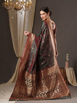 Women's Silk Blend Brown Woven Design Designer Saree with Blouse Piece