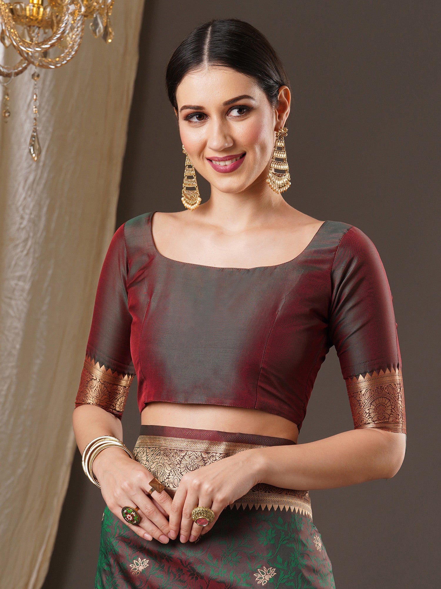 Women's Silk Blend Brown Woven Design Designer Saree with Blouse Piece