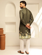 Men's Green Cotton Daman Print Long Kurta with Krochet Embroidery