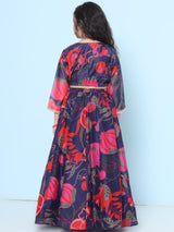 Girls Purple and Red Ethnic Printed Three Quarter Sleeves Choli and Lehenga