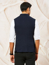 Men's Navy Suiting Fabric Embossed Work Full Sleeves Nehru Jacket
