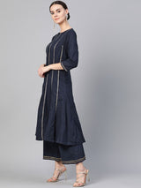 Women's Blue Ethnic Three Quarter Sleeves Kurta with Palazzo