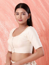 Women's White Brocade Padded Front Open Elbow Sleeves Saree Blouse