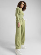 Women's Green Knitted Casual Solid Regular Fit Pant