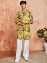 Men's Yellow Cotton Tropical & Animal Printed Kurta