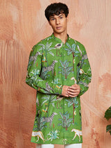 Men's Green Cotton Tropical & Animal Printed Kurta