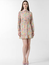 Women's Pink Woven Casual Printed Above Knee Full Sleeves Dress