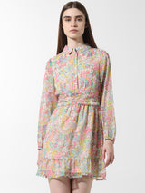 Women's Pink Woven Casual Printed Above Knee Full Sleeves Dress