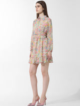 Women's Pink Woven Casual Printed Above Knee Full Sleeves Dress