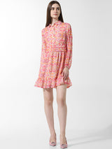 Women's Pink Woven Casual Printed Above Knee Full Sleeves Dress