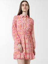 Women's Pink Woven Casual Printed Above Knee Full Sleeves Dress