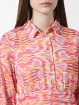 Women's Pink Woven Casual Printed Above Knee Full Sleeves Dress